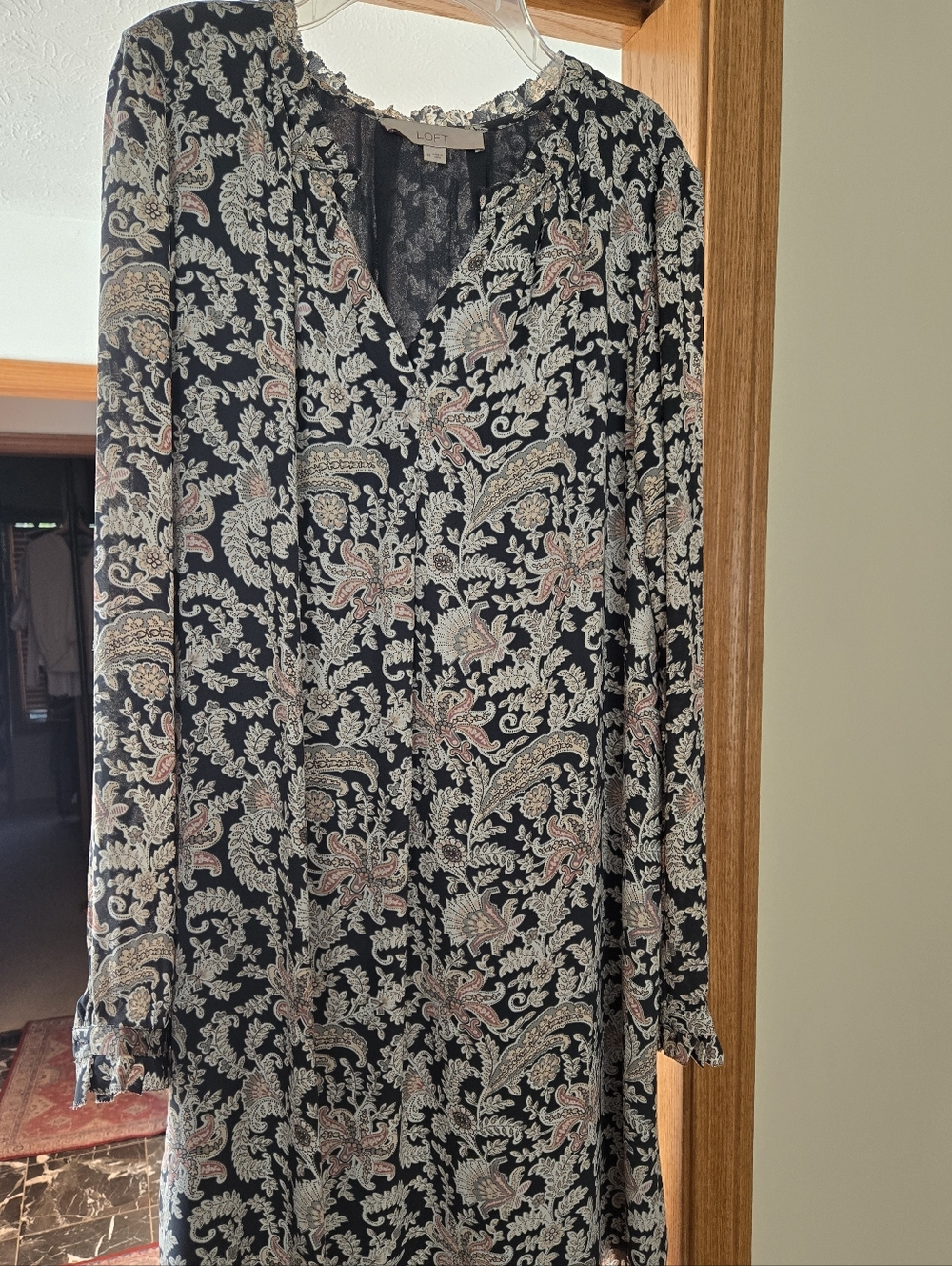LOFT Black Paisley-Print V-Neck Long Sleeve Dress with Pink and Cream Accents